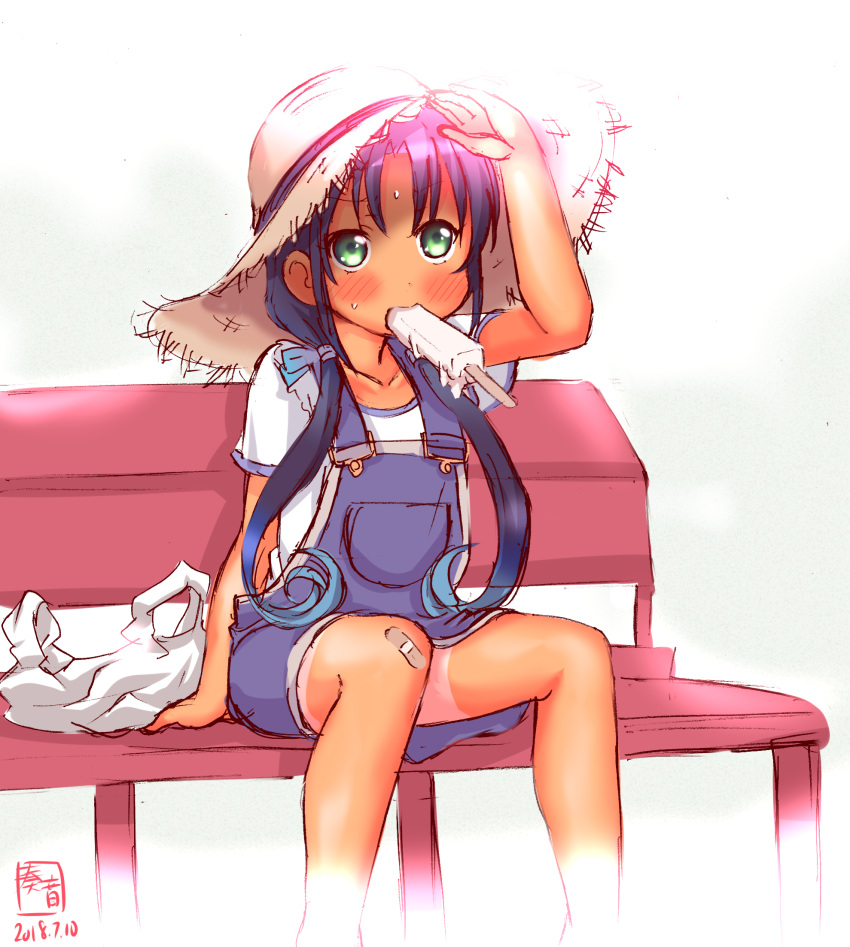 alternate_costume artist_logo bag bandaid bandaid_on_knee bench blue_hair blue_ribbon casual collarbone commentary_request dated food food_in_mouth green_eyes hair_ribbon hat highres kanon_(kurogane_knights) kantai_collection long_hair low_twintails mouth_hold overalls plastic_bag popsicle ribbon shorts_tan sitting solo straw_hat sun_hat suzukaze_(kantai_collection) sweat sweatdrop tan tanline twintails white_background