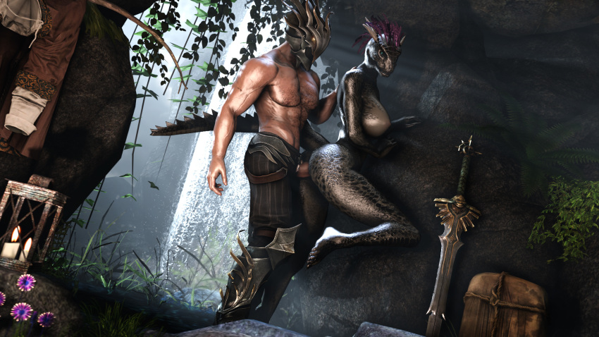3d_(artwork) anthro argonian armor breasts butt clothed clothing digital_media_(artwork) duo feathers female forest helmet horn looking_back male male/female muetank nature nipples nude open_mouth outside penetration penis scalie sex skyrim source_filmmaker standing the_elder_scrolls topless tree vaginal vaginal_penetration video_games water waterfall