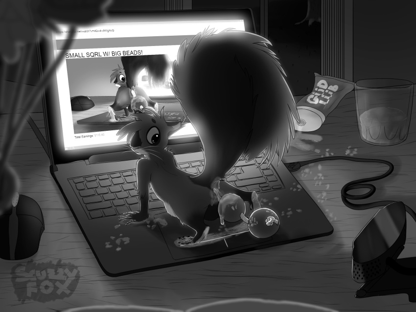 2018 abdominal_bulge absurd_res all_fours anal_beads anus balls computer dark hi_res inside laptop looking_back lube male mammal messy monochrome mouse night presenting reed_(scuzzyfox) reed_scuzzyfox rodent scuzzyfox semi-anthro sex_toy solo spread_legs spreading squirrel table webcam