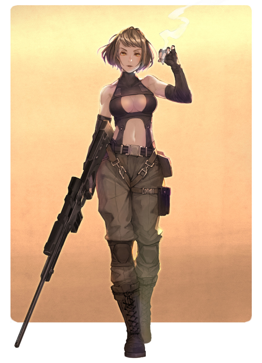 absurdres ai_arctic_warfare blonde_hair bolt_action cigarette cleavage_cutout commentary elbow_gloves fingerless_gloves full_body gloves gun highres holding holding_cigarette holding_gun holding_weapon isono_wataru knee_pads original rifle short_hair sniper_rifle solo walking weapon yellow_eyes