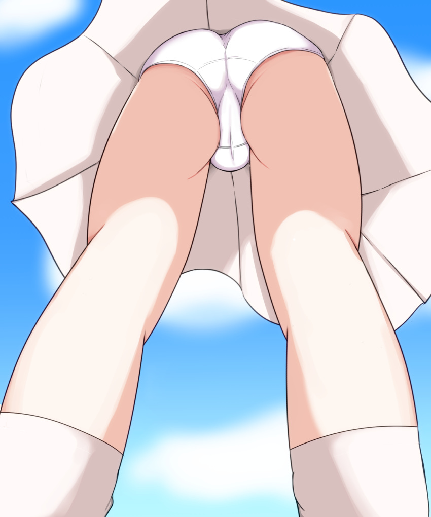 1girl ass blue_sky cameltoe cloud female from_below highres kaimu_(qewcon) lillie_(pokemon) lower_body outdoors panties pleated_skirt pokemon pokemon_(game) pokemon_sm skirt sky socks solo standing underwear upskirt white_legwear white_panties white_skirt