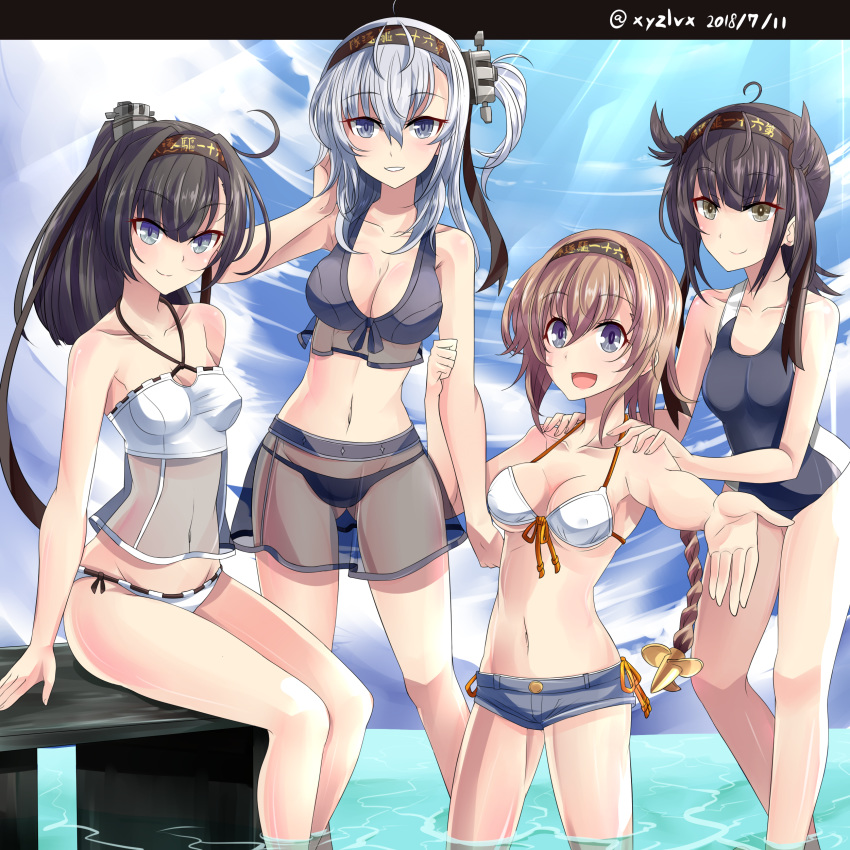 :d absurdres ahoge akizuki_(kantai_collection) bare_arms bare_shoulders bikini black_bikini black_hair black_headband black_swimsuit blue_eyes blue_shorts blue_sky breasts brown_hair casual_one-piece_swimsuit cleavage closed_eyes clothes_writing cloud cloudy_sky collarbone commentary_request dated day front-tie_bikini front-tie_top green_eyes grey_eyes groin hachimaki hair_ears hatsuzuki_(kantai_collection) headband hebitsukai-san high_ponytail highres kantai_collection letterboxed light_brown_hair long_hair medium_breasts multiple_girls navel one-piece_swimsuit one_side_up open_mouth outdoors outstretched_arm ponytail see-through short_shorts shorts silver_hair sitting sky smile standing suzutsuki_(kantai_collection) swimsuit teruzuki_(kantai_collection) twitter_username wading water white_bikini white_bikini_top