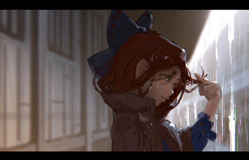 backlighting blue_bow blurry blurry_background bow cape depth_of_field hair_bow letterboxed looking_away niy_(nenenoa) rain red_hair sekibanki short_hair solo touhou upper_body wet wet_hair