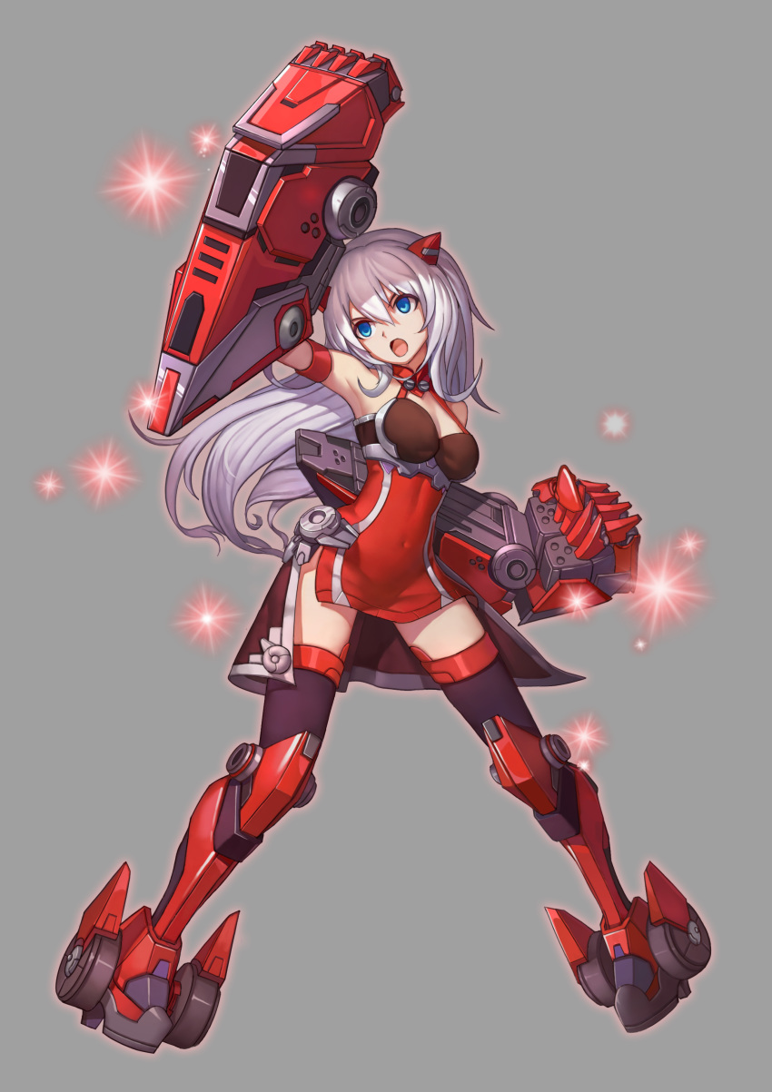 absurdres bare_shoulders black_legwear blue_eyes bustier clenched_hand covered_navel dress full_body grey_background grey_hair halter_dress headgear highres long_hair mecha_musume open_mouth original red_dress seigo-hk short_dress side_slit solo sparkle thighhighs very_long_hair zettai_ryouiki