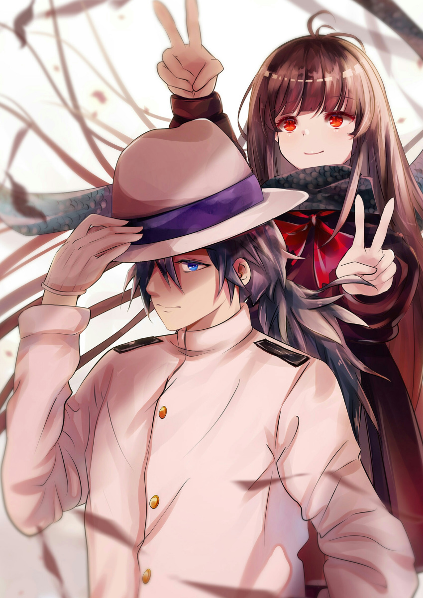 1girl arm_up bangs black_hair black_scarf black_shirt blue_eyes blurry blurry_background brown_hair closed_mouth commentary depth_of_field double_v eyebrows_visible_through_hair fate/grand_order fate_(series) gloves hair_between_eyes hand_on_headwear hand_up hat highres jacket long_hair long_sleeves mutang neckerchief oryou_(fate) red_eyes red_neckwear sakamoto_ryouma_(fate) scarf shirt smile torn_neckerchief v very_long_hair white_background white_gloves white_hat white_jacket
