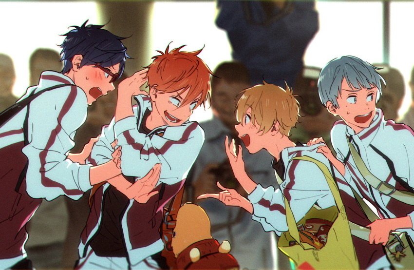 :d backpack bag blonde_hair blue_hair blurry blurry_background blush eye_contact free! glasses hana_bell_forest hand_on_another's_shoulder hazuki_nagisa highres jacket looking_at_another looking_to_the_side male_focus mikoshiba_momotarou multiple_boys nitori_aiichirou open_mouth pointing pose red-framed_eyewear red_hair ryuugazaki_rei silver_hair smile tote_bag