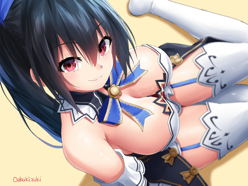 bare_shoulders black_hair blurry breasts cleavage commentary_request depth_of_field detached_collar downblouse highres large_breasts neptune_(series) noire oekakizuki red_eyes sitting smile solo thighhighs wariza white_legwear