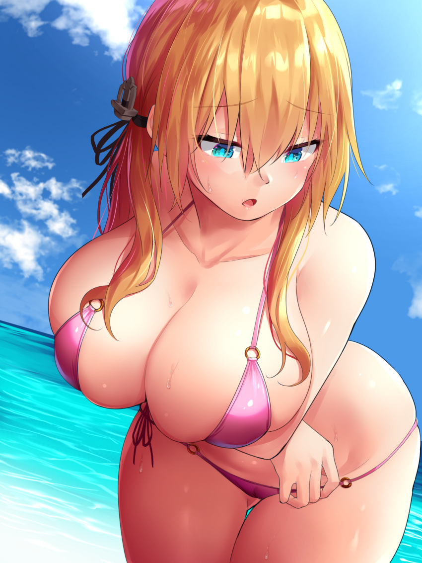 anchor_hair_ornament arms_under_breasts bangs bare_shoulders beach bikini blonde_hair blue_sky blush breast_hold breasts cleavage collarbone crossed_arms day eyebrows_visible_through_hair hair_between_eyes hair_ornament highres hips huge_breasts kantai_collection leaning_forward long_hair looking_down looking_to_the_side low_twintails o-ring ocean oekakizuki open_mouth pink_bikini prinz_eugen_(kantai_collection) sky solo swimsuit thigh_gap thighs twintails wet
