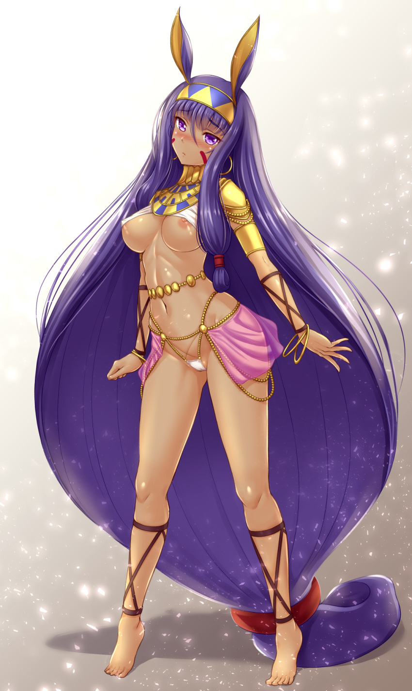 absurdly_long_hair animal_ears armlet bangs bare_shoulders barefoot belly_chain bikini_lift blush bracelet breasts chain closed_mouth commentary_request dark_skin detached_collar earrings eyebrows_visible_through_hair facepaint facial_mark fate/grand_order fate_(series) feet hair_between_eyes hairband halter_top halterneck highres hips hoop_earrings jackal_ears jewelry large_breasts legband legs long_hair looking_at_viewer low-tied_long_hair navel nipple_slip nipples nitocris_(fate/grand_order) pauldrons purple_eyes purple_hair ryu-akt shiny shiny_skin sidelocks solo swimsuit thighs tiptoes very_long_hair white_swimsuit wristband