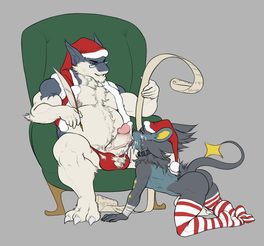 anthro balls barazoku black_fur christmas clothing cum datfur digital_media_(artwork) duo erection eyewear feline fur glasses hi_res holidays humanoid_penis legwear luxray male male/male mammal nintendo oral penis pok&eacute;mon pok&eacute;mon_(species) santa_claus slightly_chubby stockings submissive thong typhlosion video_games