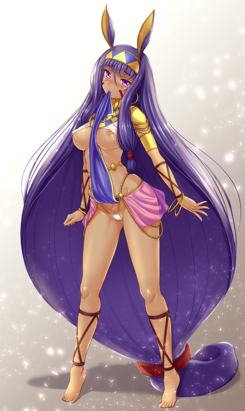 absurdly_long_hair animal_ears armlet bangs bare_shoulders barefoot belly_chain bikini_lift blush bracelet breasts chain closed_mouth commentary_request dark_skin detached_collar earrings eyebrows_visible_through_hair facepaint facial_mark fate/grand_order fate_(series) feet hair_between_eyes hairband halter_top halterneck highres hips hoop_earrings jackal_ears jewelry large_breasts legband legs long_hair looking_at_viewer low-tied_long_hair mouth_hold nipple_slip nipples nitocris_(fate/grand_order) pauldrons pelvic_curtain purple_eyes purple_hair ryu-akt shiny shiny_skin sidelocks solo swimsuit thighs tiptoes very_long_hair white_swimsuit wristband