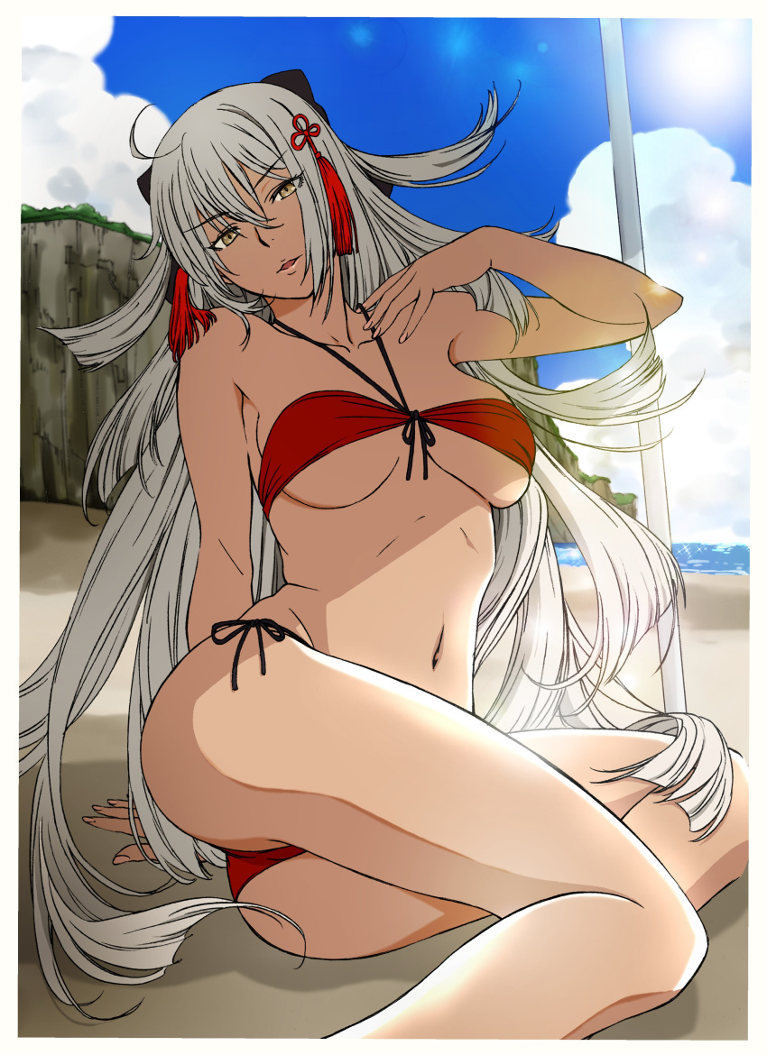 absurdres arm_support ass beach bikini breasts brown_eyes commentary_request day eyebrows_visible_through_hair fate/grand_order fate_(series) flipped_hair front-tie_bikini front-tie_top hair_between_eyes hair_ornament halterneck hand_on_own_chest head_tilt highres kakitama large_breasts long_hair looking_at_viewer navel okita_souji_(alter)_(fate) okita_souji_(fate)_(all) outdoors parted_lips red_bikini side-tie_bikini silver_hair sitting solo swimsuit tassel very_long_hair yokozuwari