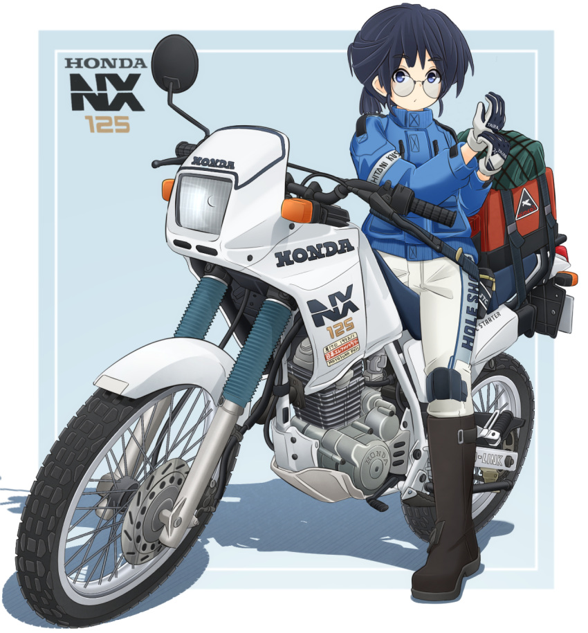 bangs black_footwear black_hair blue_background blue_eyes blue_jacket boots closed_mouth commentary_request eyebrows_visible_through_hair glasses gloves ground_vehicle highres honda honda_nx125 ichigotofu jacket knee_boots leather leather_gloves leather_jacket leather_pants logo long_sleeves looking_at_viewer motor_vehicle motorcycle on_motorcycle original outside_border pants riding round_eyewear shadow solo standing white_gloves white_pants