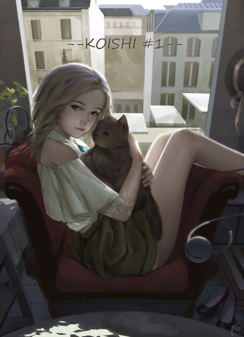 absurdres backlighting bare_legs blonde_hair brick_floor brooch cat chair character_name city commentary cropped_legs day elbow_gloves expressionless feet_out_of_frame gloves green_eyes halterneck hat hat_removed headwear_removed high_heels highres holding holding_cat indoors jewelry komeiji_koishi lips looking_at_viewer medium_hair pupil_g raglan_sleeves reclining shirt shoes_removed signature sitting slouching solo table thick_eyebrows third_eye touhou white_shirt window