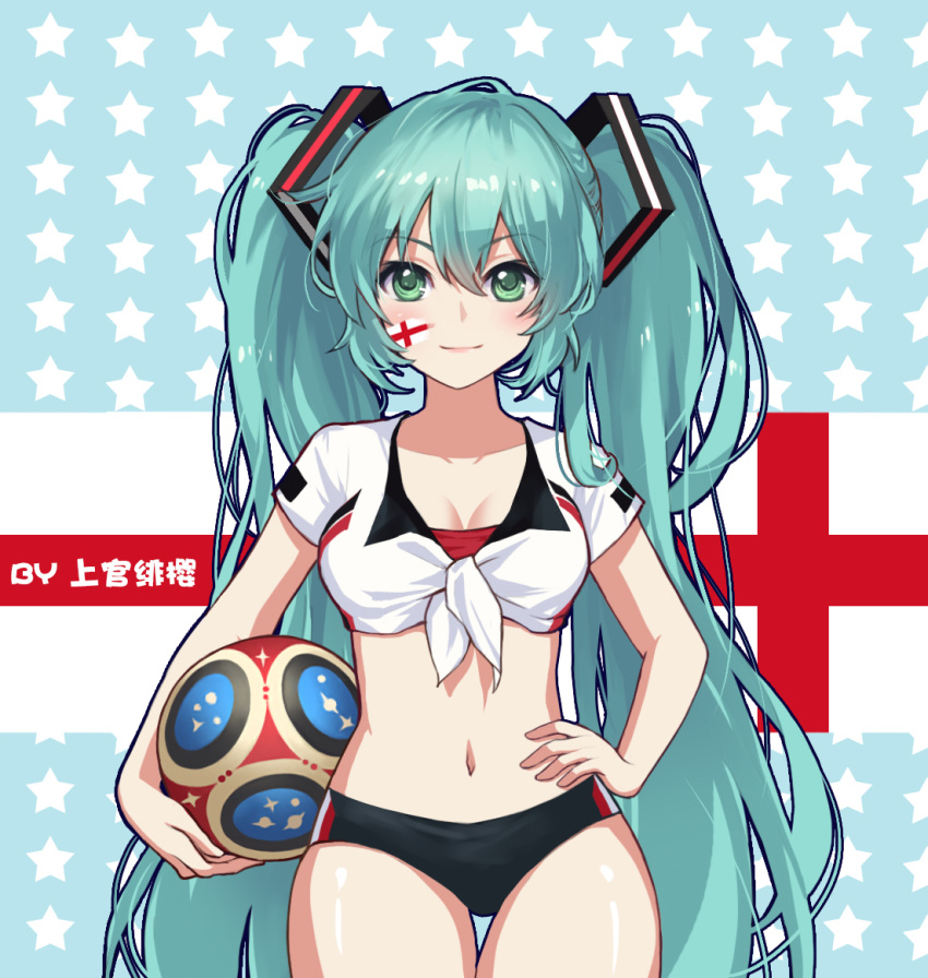 2018_fifa_world_cup alternate_costume aqua_hair ball blue_background blush breasts buruma chinese_commentary cleavage collarbone commentary cowboy_shot crop_top england english_commentary english_flag eyebrows_visible_through_hair facial_tattoo front-tie_top green_eyes hair_between_eyes hand_on_hip hatsune_miku holding holding_ball long_hair looking_at_viewer medium_breasts midriff navel pink_lips shangguan_feiying shiny shiny_skin shirt short_sleeves smile soccer soccer_ball solo standing star starry_background stomach tattoo thighs tied_shirt twintails very_long_hair vocaloid white_shirt world_cup