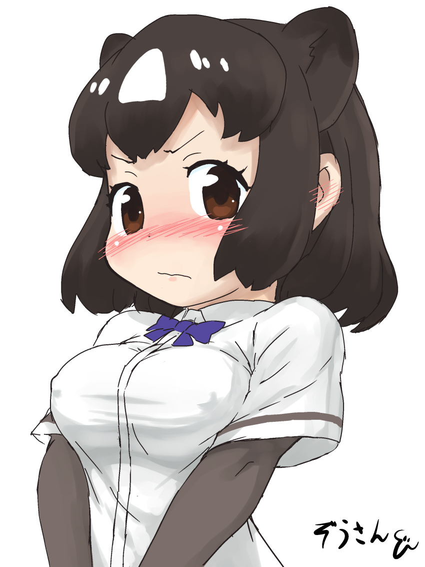 2018 absurd_res animal_humanoid annoyed bear_humanoid big_breasts biped blush bow_tie breasts brown_bear_(kemono_friends) brown_eyes brown_hair bust_portrait clothed clothing digital_drawing_(artwork) digital_media_(artwork) dress_shirt eyelashes female front_view frown hair hi_res humanoid japanese kemono_friends looking_at_viewer mammal masuyama_ryou_(artist) medium_breasts multicolored_hair nipple_bulge portrait shirt short_hair shy simple_background solo two_tone_hair white_background white_hair