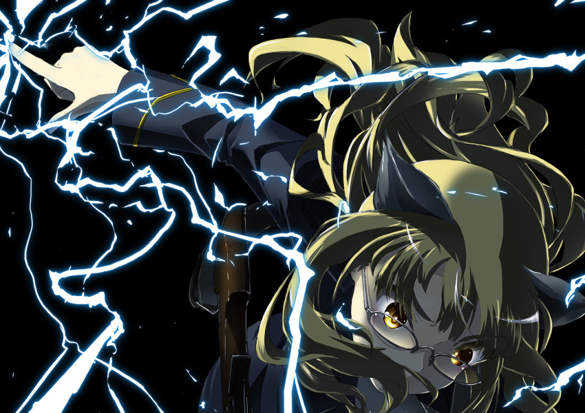 action animal_ears bangs black-framed_eyewear black_background blonde_hair cat_ears commentary_request covered_mouth flying french_commentary glasses gun kaya_(nari1-24) lightning long_hair machine_gun partial_commentary perrine_h_clostermann solo strike_witches weapon wind world_witches_series yellow_eyes