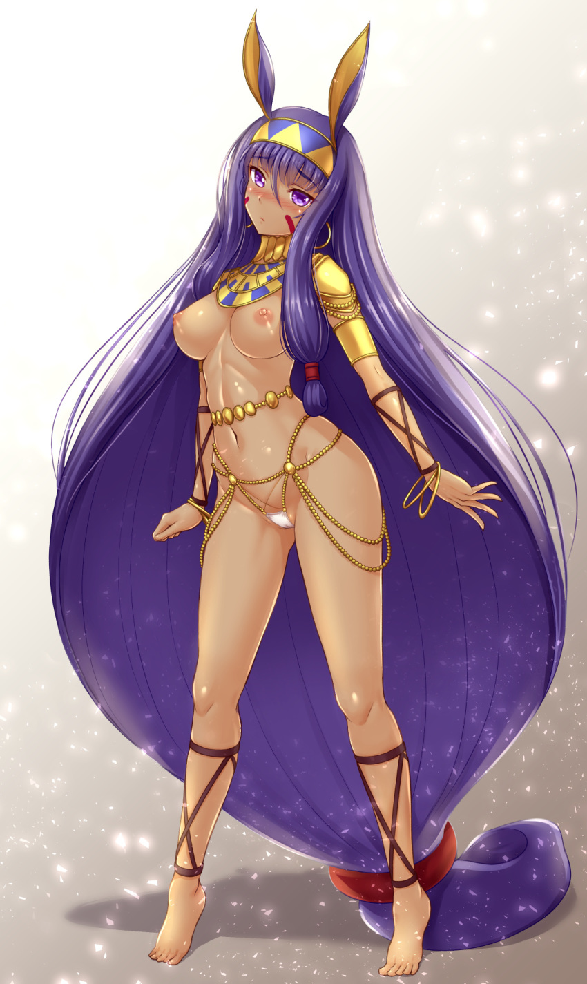 absurdly_long_hair animal_ears armlet bangs bare_shoulders barefoot belly_chain bikini_bottom blush bracelet breasts chain closed_mouth commentary_request dark_skin detached_collar earrings eyebrows_visible_through_hair facepaint facial_mark fate/grand_order fate_(series) feet hair_between_eyes hairband highres hips hoop_earrings jackal_ears jewelry large_breasts legband legs long_hair looking_at_viewer low-tied_long_hair navel nipples nitocris_(fate/grand_order) pauldrons purple_eyes purple_hair ryu-akt shiny shiny_skin sidelocks solo swimsuit thighs tiptoes topless very_long_hair white_swimsuit wristband