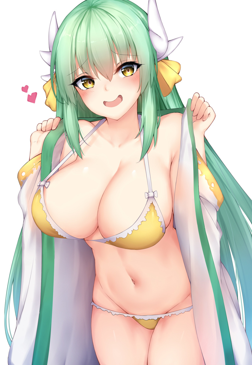 :d absurdres bare_shoulders bikini blush bow breasts chixiao cleavage collarbone eyebrows_visible_through_hair fate/grand_order fate_(series) green_hair hair_between_eyes hair_ribbon hands_up heart highres horns japanese_clothes kimono kiyohime_(fate/grand_order) kiyohime_(swimsuit_lancer)_(fate) large_breasts light_green_hair long_hair looking_at_viewer navel open_clothes open_kimono open_mouth ribbon simple_background smile solo standing swimsuit very_long_hair white_background yellow_bikini yellow_eyes yellow_ribbon
