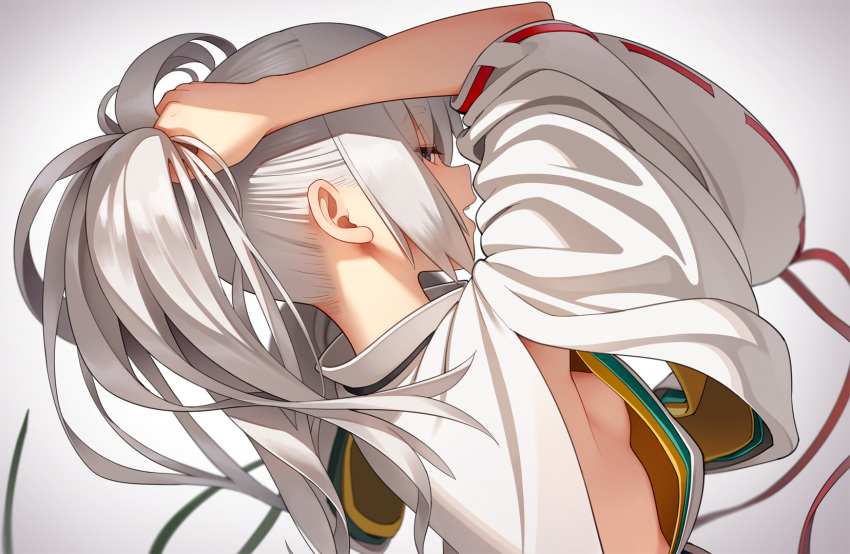 armpit_peek arms_up bangs breasts eyebrows_visible_through_hair from_behind from_side go_robots grey_eyes highres japanese_clothes kariginu lips long_sleeves looking_back medium_hair midriff mononobe_no_futo nape open_mouth ponytail sideboob silver_hair smile solo teeth touhou wide_sleeves