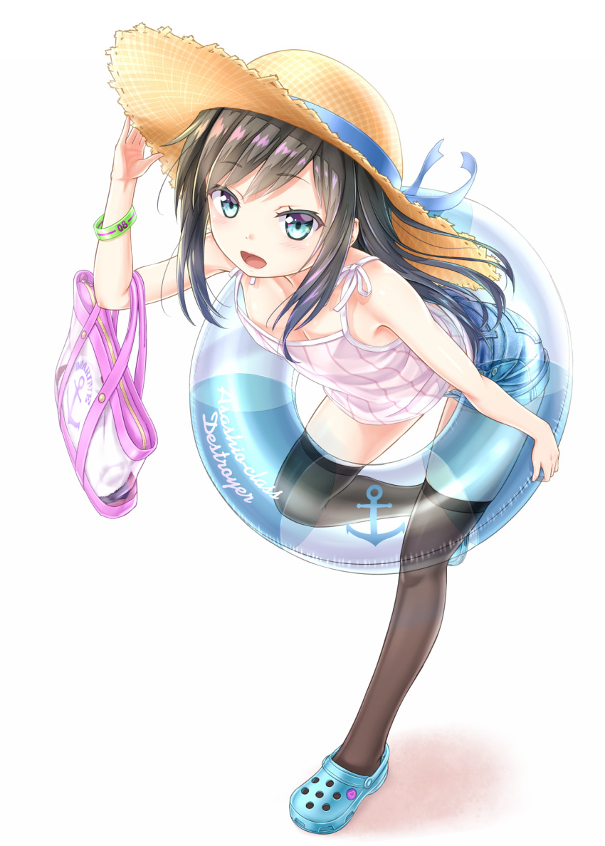 asashio_(kantai_collection) bag black_hair black_legwear blue_eyes blush circle_cut commentary_request crocs eyebrows_visible_through_hair full_body gotou_hisashi hand_on_headwear hat highres innertube kantai_collection long_hair looking_at_viewer open_mouth short_shorts shorts simple_background solo spaghetti_strap straw_hat thighhighs white_background
