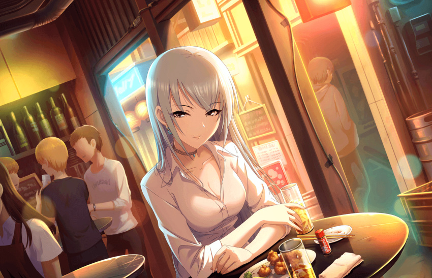 4boys artist_request breasts brown_eyes cleavage drink dutch_angle earrings faceless faceless_male food grey_hair idolmaster idolmaster_cinderella_girls idolmaster_cinderella_girls_starlight_stage jewelry long_hair multiple_boys multiple_girls official_art shirt short_hair solo_focus takamine_noa white_shirt