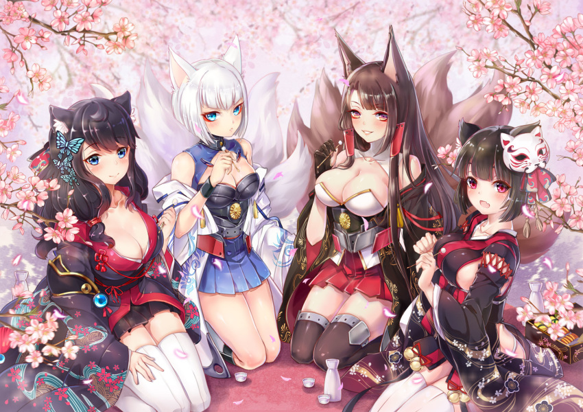:d akagi_(azur_lane) animal_ear_fluff animal_ears azur_lane black_gloves black_hair black_legwear blush breasts brown_hair butterfly_hair_ornament cat_ears cat_mask cherry_blossoms chinese_commentary cleavage commentary_request cup death-the-cat fang floral_print fox_ears fox_tail fusou_(azur_lane) gloves hair_ornament highres japanese_clothes kaga_(azur_lane) large_breasts long_hair looking_at_viewer mask mask_on_head medium_breasts mimikaki multiple_girls open_mouth parted_lips partly_fingerless_gloves red_eyes sakazuki seiza short_hair sitting smile tail thighhighs white_hair white_legwear yamashiro_(azur_lane) zettai_ryouiki