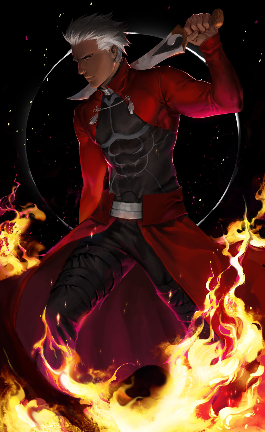 absurdres archer arucelli bodysuit coattails dark_skin dark_skinned_male fate/stay_night fate_(series) fire highres kanshou_&amp;_bakuya lips male_focus manly nose short_hair silver_eyes skin_tight solo unlimited_blade_works white_hair