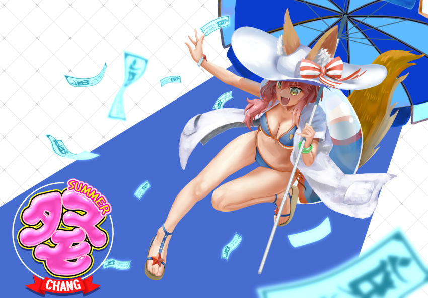 abazu-red animal_ear_fluff animal_ears beach_umbrella bikini blue_bikini blurry blurry_foreground bow breasts cleavage coat commentary_request depth_of_field ears_through_headwear english fang fate/extra fate/grand_order fate_(series) fox_ears fox_tail hat hat_bow holding holding_umbrella kanji leg_up long_hair medium_breasts ofuda open_clothes open_coat open_mouth pink_hair red_neckwear sandals smile solo standing standing_on_one_leg striped striped_bow sun_hat swimsuit tail tamamo_(fate)_(all) tamamo_no_mae_(fate) tamamo_no_mae_(swimsuit_lancer)_(fate) umbrella white_coat white_hat wristband yellow_eyes