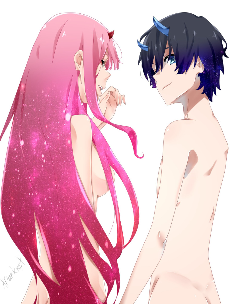 1girl ass bangs black_hair blue_eyes blue_horns breasts closed_eyes commentary couple darling_in_the_franxx english_commentary eyebrows_visible_through_hair hetero highres hiro_(darling_in_the_franxx) horns long_hair medium_breasts nude oni_horns pink_hair red_horns signature spoilers very_long_hair xdarknex zero_two_(darling_in_the_franxx)