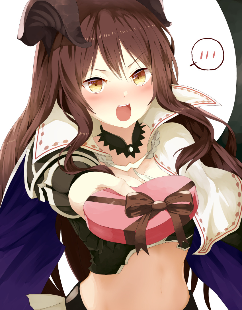 absurdres bangs blush box breasts brown_hair cleavage commentary_request d: demon_girl demon_horns embarrassed exella_dark_general eyebrows_visible_through_hair heart-shaped_box highres horns incoming_gift long_hair looking_at_viewer midriff navel nose_blush open_mouth outstretched_arm parted_bangs shadowverse shingeki_no_bahamut simple_background solo speech_bubble spoken_blush stomach upper_body v-shaped_eyebrows very_long_hair wavy_hair white_background yamato_(muchuu_paradigm)