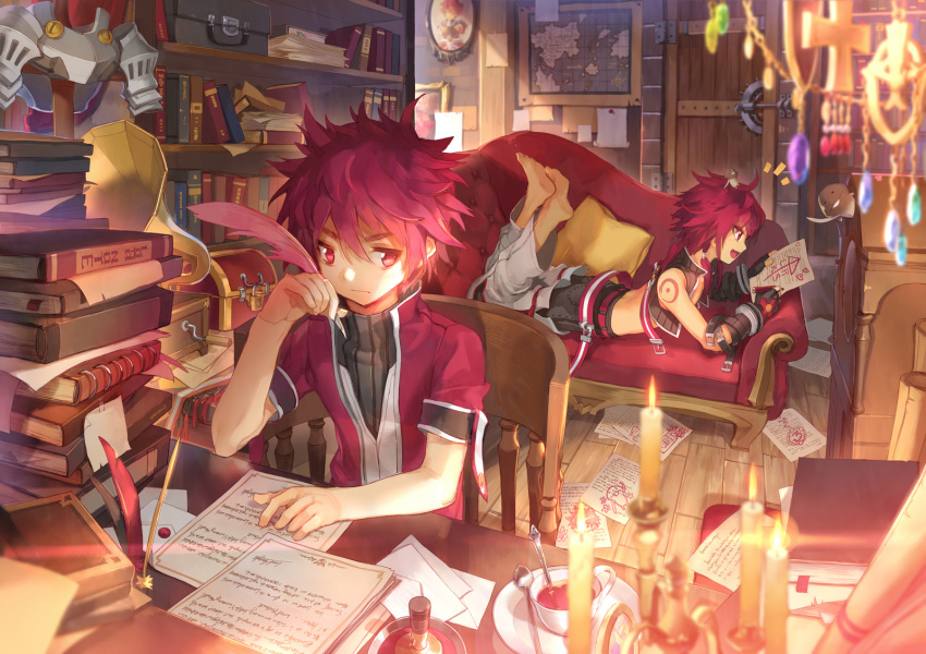 book bookshelf candle chair couch cross cup elsword elsword_(character) gem highres letter lord_knight_(elsword) map multiple_boys music_box paper quill red_eyes red_hair rune_slayer_(elsword) runes scorpion5050 shoulder_armor tattoo tea teacup