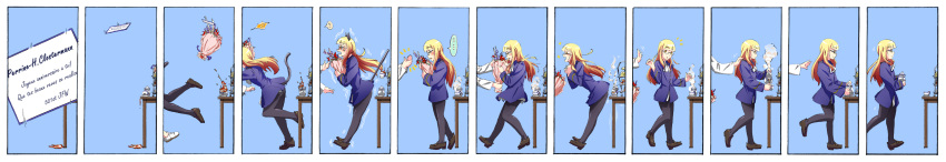 ... 1girl 501st_joint_fighter_wing ? absurdres animal_ears bangs black_footwear black_legwear blonde_hair blue_background blue_jacket blunt_bangs blush bouquet cat_ears cat_tail character_name check_translation clapping closed_mouth comic commentary_request cup flower french glasses hand_on_another's_shoulder hands_together heart highres hip_attack holding holding_bouquet jacket kaya_(nari1-24) leaning_forward loafers long_hair long_image long_sleeves military military_uniform motion_blur motion_lines notice_lines open_mouth out_of_frame pantyhose perrine_h_clostermann pouring right-to-left_comic sakamoto_mio shoes smile sparkle spilling spoken_ellipsis spoken_interrobang spoken_question_mark steam strike_witches table tail tea teacup teapot tiered_tray translation_request trembling uniform walking wide_image world_witches_series