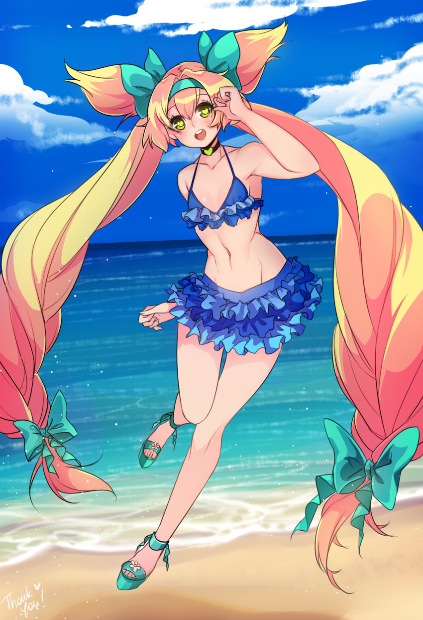absurdres beach bikini blazblue blue_bikini blue_sky choker commentary day flat_chest frilled_bikini frills green_eyes hairband heart heart-shaped_pupils highres long_hair low-tied_long_hair navel ocean open_mouth platinum_the_trinity quad_tails sandals sky smile solo stomach swimsuit symbol-shaped_pupils symbol_commentary thank_you tusia two_side_up very_long_hair