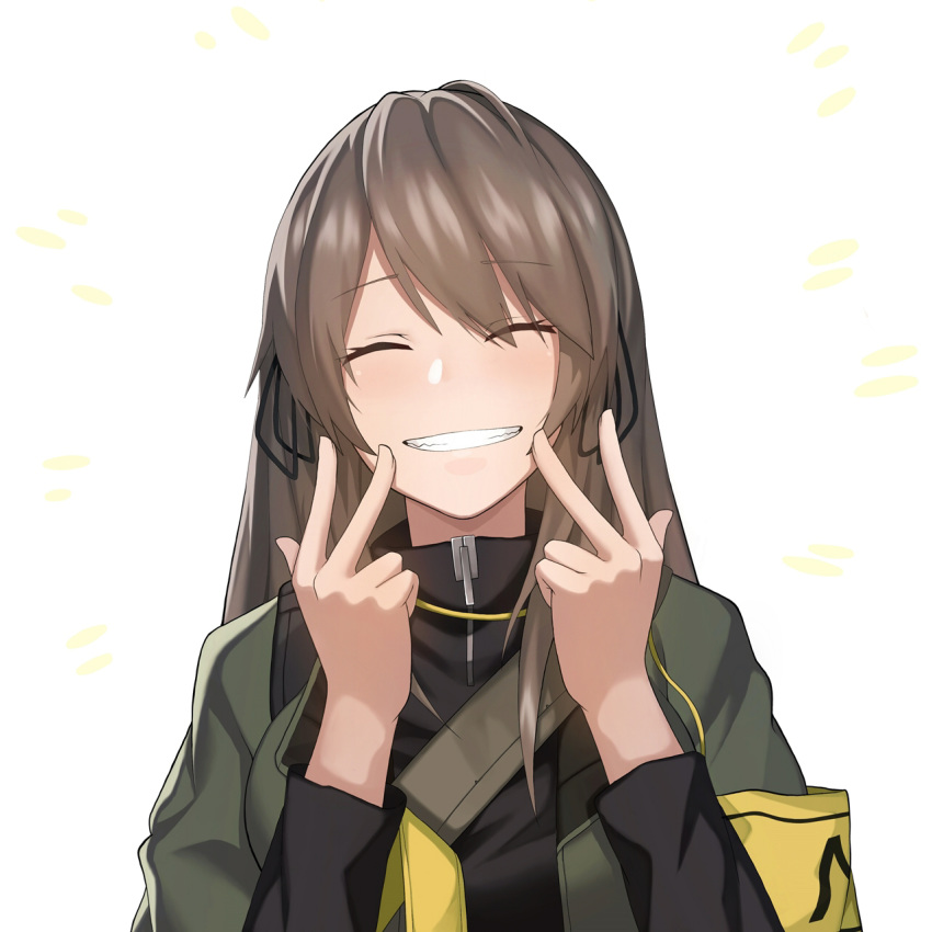 1girl ^_^ bangs black_ribbon black_shirt breasts brown_hair cero_(last2stage) closed_eyes commentary_request double_v eyebrows_visible_through_hair eyes_closed girls_frontline green_jacket grin hair_ribbon hands_up highres jacket large_breasts long_hair long_sleeves open_clothes open_jacket ribbon shirt simple_background smile solo strap teeth ump40_(girls_frontline) upper_body v white_background