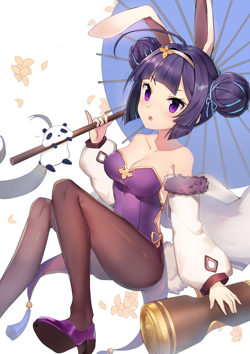 absurdres ahoge animal_ears azur_lane bada_(jksh5056) bangs bare_shoulders blue_ribbon blue_umbrella breasts brown_hairband brown_legwear bunny_ears bunnysuit cleavage collarbone commentary_request double_bun eyebrows_visible_through_hair fur-trimmed_jacket fur_trim hair_ribbon hairband high_heels highres holding holding_umbrella jacket leotard long_sleeves mallet medium_breasts ning_hai_(azur_lane) off_shoulder oriental_umbrella panda panties parted_lips pelvic_curtain pinky_out puffy_long_sleeves puffy_sleeves purple_eyes purple_footwear purple_hair purple_leotard ribbon round_teeth shoes side_bun solo strapless strapless_leotard teeth umbrella underwear upper_teeth v-shaped_eyebrows white_background white_jacket