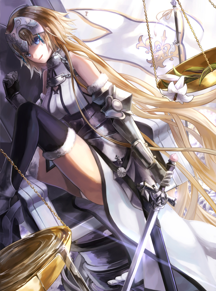 absurdly_long_hair armor armored_dress black_legwear blonde_hair blue_eyes dress fate/apocrypha fate_(series) floating_hair flower fur_trim gauntlets hair_between_eyes highres holding holding_sword holding_weapon jeanne_d'arc_(fate) jeanne_d'arc_(fate)_(all) kuune_(muttey-myg) long_hair looking_at_viewer sitting sleeveless sleeveless_dress smile solo sword thighhighs very_long_hair weapon white_dress white_flower