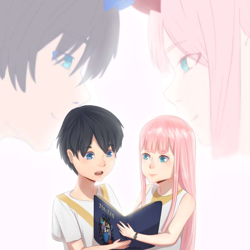 1girl anichka bangs bare_shoulders black_hair blue_eyes blue_horns blush book collarbone commentary couple darling_in_the_franxx dual_persona english_commentary eyebrows_visible_through_hair face-to-face facing_another green_eyes hetero highres hiro_(darling_in_the_franxx) holding holding_book horns long_hair looking_at_another oni_horns open_mouth pink_hair red_horns shirt short_sleeves sleeveless sleeveless_shirt spoilers white_shirt younger zero_two_(darling_in_the_franxx)
