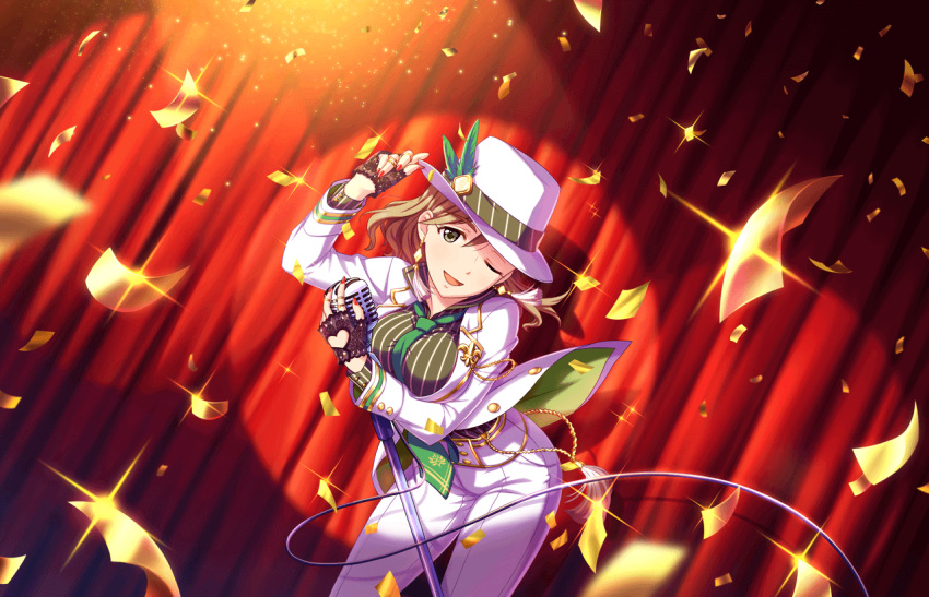 artist_request brown_hair confetti earrings fingerless_gloves gloves green_eyes hat idolmaster idolmaster_cinderella_girls idolmaster_cinderella_girls_starlight_stage jacket jewelry microphone microphone_stand nail_polish necktie official_art one_eye_closed pants ring smile solo vintage_microphone white_hat white_jacket white_pants yanagi_kiyora