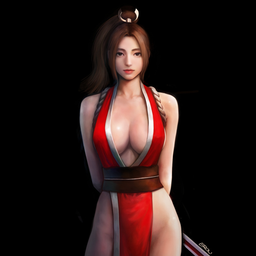 arms_behind_back bare_shoulders black_background breasts brown_eyes brown_hair cleavage closed_fan closed_mouth collarbone commentary english_commentary eron_kim facing_viewer fan fatal_fury folding_fan high_ponytail highres japanese_clothes large_breasts lips looking_at_viewer ninja obi pelvic_curtain ponytail realistic rope sash shiranui_mai simple_background the_king_of_fighters