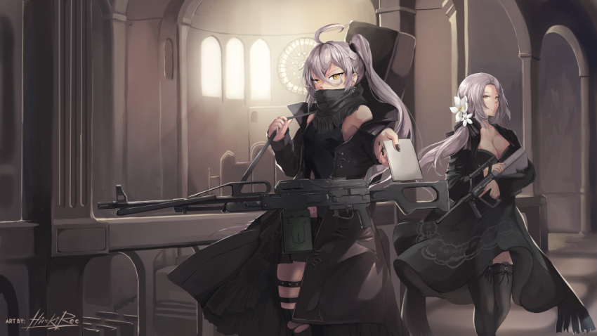 ahoge alternate_color assault_rifle bangs black_dress black_gloves black_nails breasts bullpup church cleavage closed_mouth coat collarbone commentary commission covered_mouth dress english_commentary expressionless eyebrows_visible_through_hair flower girls_frontline gloves gun hair_between_eyes hair_flower hair_ornament hair_ribbon hiroki_ree holding holding_gun holding_weapon indoors jacket long_hair looking_at_viewer machine_gun mole mole_under_eye multiple_girls nail_polish orange_eyes pkp_(girls_frontline) pkp_pecheneg ribbon rifle side_ponytail sidelocks signature silver_hair skindentation steyr_aug steyr_aug_(girls_frontline) thigh_strap thighhighs trigger_discipline tsurime vertical_foregrip very_long_hair weapon yellow_eyes