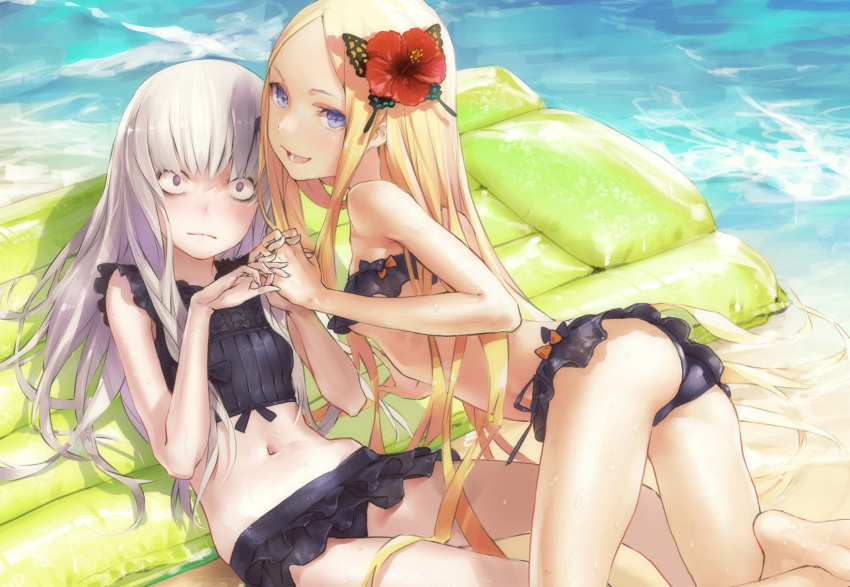 abigail_williams_(fate/grand_order) all_fours ass bandeau bangs bare_shoulders barefoot beach bikini bikini_skirt black_bikini blonde_hair breasts butterfly_hair_ornament commentary day fate/grand_order fate_(series) flower frilled_bikini frills from_side hair_flower hair_ornament hibiscus highres holding_hands interlocked_fingers lavender_hair lavinia_whateley_(fate/grand_order) long_hair looking_at_viewer lying multiple_girls navel on_back outdoors parted_bangs purple_eyes redjuice small_breasts soles swimsuit very_long_hair wet wide-eyed
