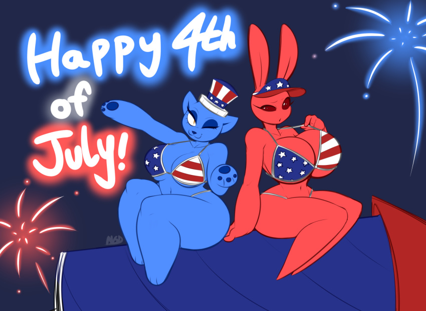 2018 4th_of_july anthro averyshadydolphin big_breasts bikini blue_fur breasts bunny_(averyshadydolphin) cat cleavage clothed clothing duo feline female fireworks fur hat holidays huge_breasts kitty_(averyshadydolphin) lagomorph mammal one_eye_closed pink_fur rabbit sitting swimsuit thick_thighs wide_hips wink