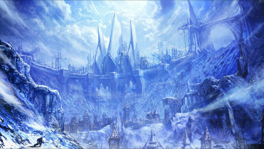 aman cliff cloud cloudy_sky concept_art day facing_away fantasy from_behind gate holding holding_sword holding_weapon moonworker mountain official_art outdoors scaffolding scenery sky snow sword tera_online watchtower weapon wind