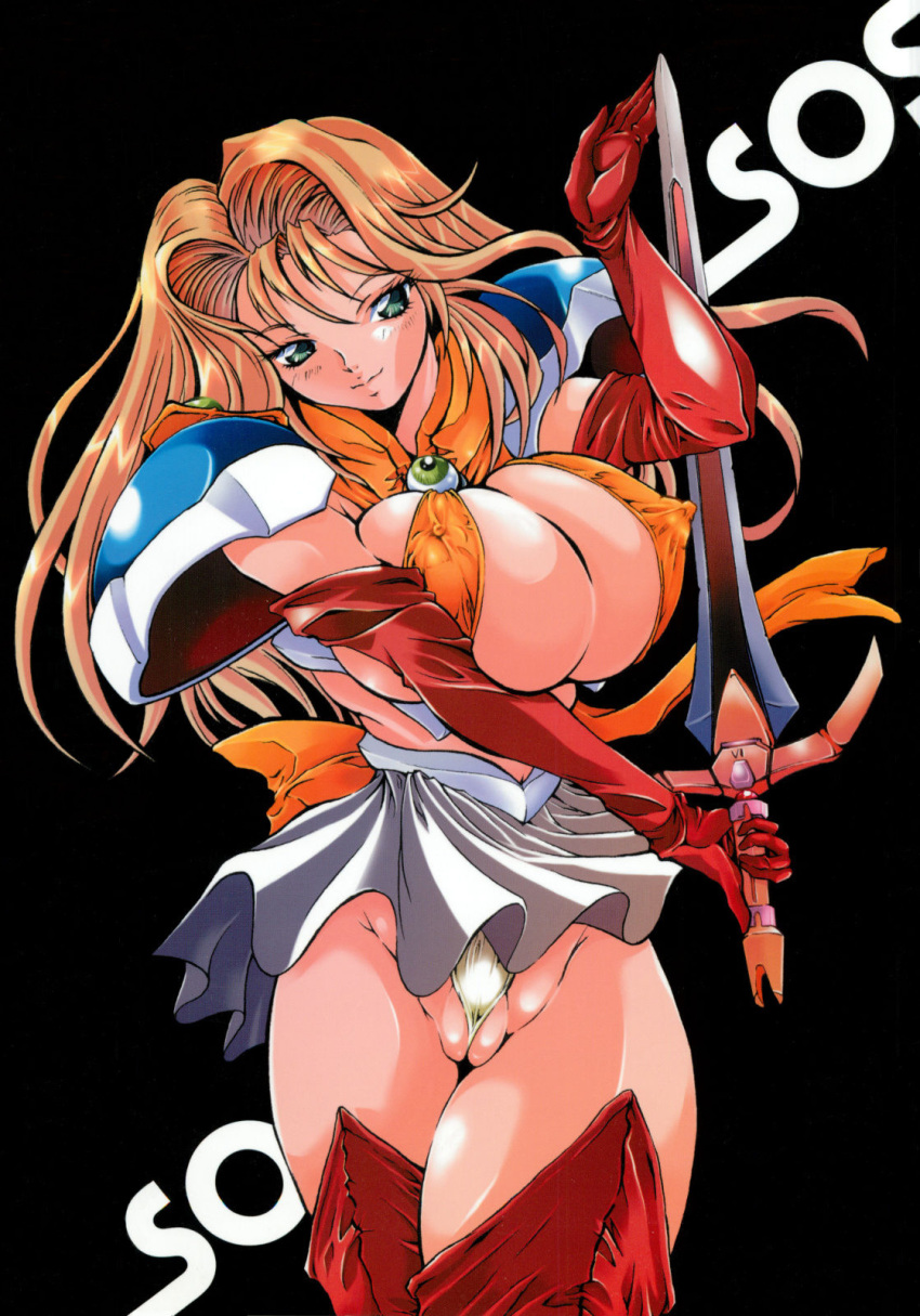 00s 1girl back_bow blonde_hair boots bow breasts cameltoe crotch elbow_gloves erect_nipples erect_nipples_under_clothes gloves green_eyes heshi holding holding_sword holding_weapon huge_breasts jewelry long_hair looking_away magical_girl miniskirt nami_koishikawa nami_sos! orange_bow orange_shirt panties panty_pull partially_visible_vulva pleated_skirt red_footwear red_gloves shirt shoulder_pads sideboob skirt sleeveless sleeveless_shirt smile solo sword thigh_boots thighhighs thighs underwear weapon white_panties white_skirt wind wind_lift
