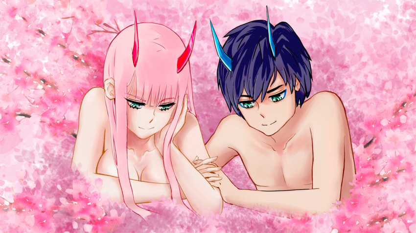 1girl albyee bangs black_hair blue_horns breasts cherry_blossoms collarbone commentary couple darling_in_the_franxx english_commentary eyebrows_visible_through_hair green_eyes hand_on_own_face hetero hiro_(darling_in_the_franxx) holding_hands horns interlocked_fingers long_hair medium_breasts oni_horns pink_hair red_horns shirtless spoilers zero_two_(darling_in_the_franxx)