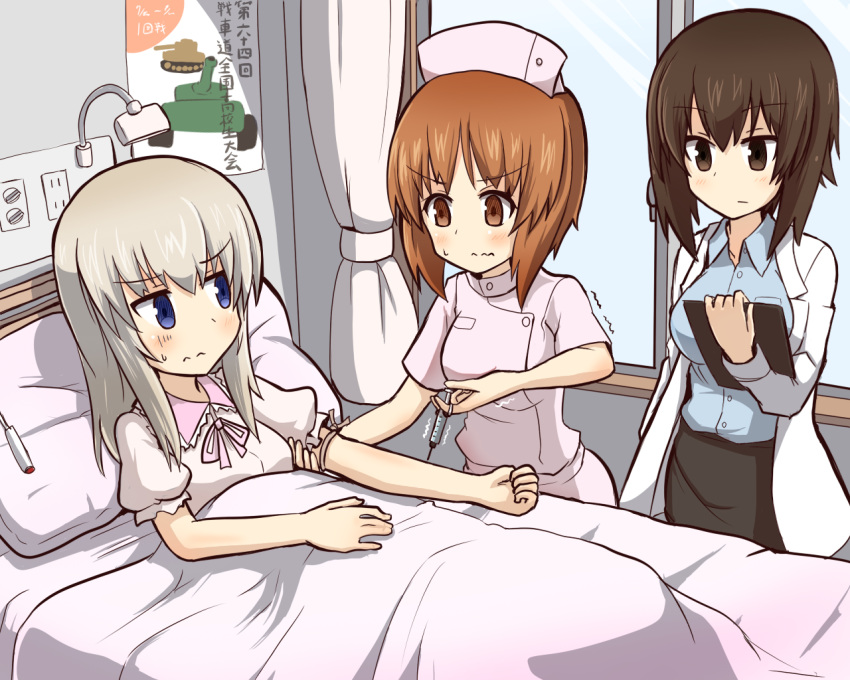 alternate_costume bangs bed bed_sheet black_skirt blouse blue_eyes blue_shirt brown_eyes brown_hair closed_mouth collared_shirt commentary curtains doctor dress eyebrows_visible_through_hair frown girls_und_panzer ground_vehicle hat indoors injection itsumi_erika kumo_(atm) labcoat long_hair looking_at_another lying medium_skirt military military_vehicle motor_vehicle multiple_girls nishizumi_maho nishizumi_miho nurse nurse_cap on_back pajamas partially_translated pencil_skirt pillow pink_blouse pink_dress pink_hat shirt short_hair short_sleeves siblings silver_hair sisters skirt standing sweatdrop syringe tank translation_request trembling wavy_mouth white_coat window