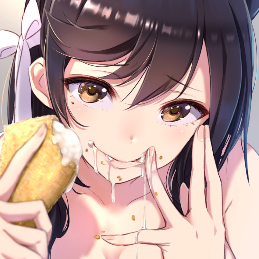 atago_(azur_lane) azur_lane bangs black_hair blurry blush breasts brown_eyes collarbone cream crumbs depth_of_field eyebrows_visible_through_hair finger_to_mouth fingernails food food_on_body food_on_face hair_ribbon hand_on_own_face highres holding holding_food lips long_hair looking_at_viewer mappaninatta mole mole_under_eye nude pastry pink_lips portrait ribbon sexually_suggestive small_breasts solo tsurime upper_body white_ribbon
