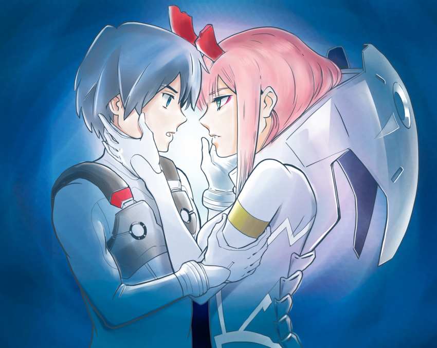 1boy 1girl albyee asymmetrical_horns black_hair blue_eyes bodysuit couple darling_in_the_franxx eyebrows_visible_through_hair face-to-face facing_another forehead-to-forehead fringe gloves green_eyes hand_on_another's_arm hand_on_another's_face hetero hiro_(darling_in_the_franxx) horns long_hair looking_at_another oni_horns pilot_suit pink_hair red_horns short_hair white_gloves zero_two_(darling_in_the_franxx)