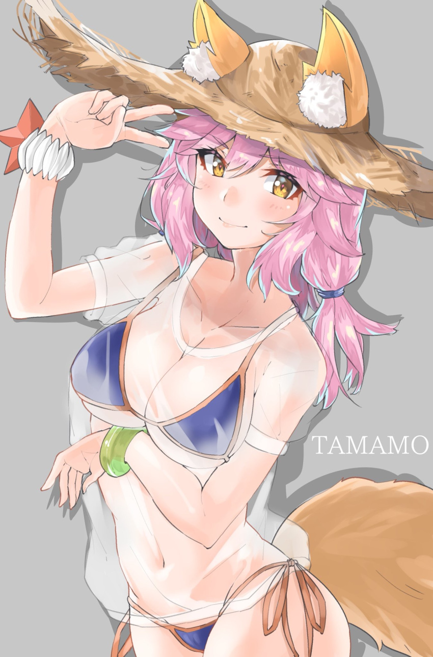 animal_ear_fluff animal_ears arm_under_breasts bikini blue_bikini bracelet breast_hold breasts brown_hair brown_hat character_name cleavage closed_mouth commentary_request ears_through_headwear eyebrows_visible_through_hair fate/grand_order fate_(series) fox_ears fox_tail hair_tie hat highres jewelry long_hair looking_at_viewer medium_breasts navel pink_hair see-through shignonpencil shirt short_sleeves side-tie_bikini smile solo standing star straw_hat sun_hat swimsuit t-shirt tail tamamo_(fate)_(all) tamamo_no_mae_(fate) tamamo_no_mae_(swimsuit_lancer)_(fate) v yellow_eyes